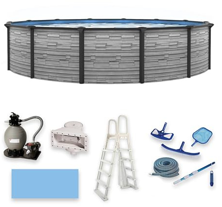 Blue Wave Montilla 24-ft Round 52-in Deep Above Ground Swimming Pool – with Steel Wall & Top Rails, Sand Filter, Overlap Liner, A-Frame Ladder & Maintenance Kit – Complete Outdoor Pool Accessories