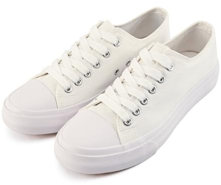 dolphinslides Ladies Canvas Shoes Low Top Trainers for Women Men Classic Lace Up Sneakers Canvas Plimsolls Pumps Casual Tennis Shoes Slip On Lightweight Comfortable Sneakers All White 255