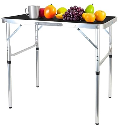 Relaxdays Mesa de Camping, Plegable, Altura Regulable, 70x75x55 cm, Aluminio, MDF, Resistente Intemperie, Jardín, Negro, 50% 40% Tablero de Fibra 10% plástico