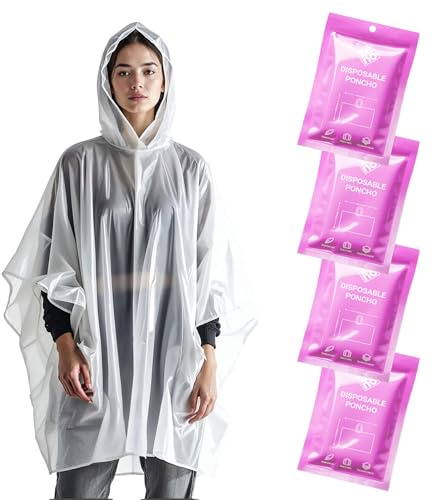 ZENO Engångs regnponchos för vuxna – klar med huva, kompakta nödponchos för vandring, camping, resor – paket med 4 – rosa dimma utgåva