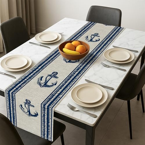 Tischläufer mit maritimem Anker, blaues Küsten-Marine-Muster, Dekoration für Sommer, Strand, Essen und Feiertage, 33 x 183 cm