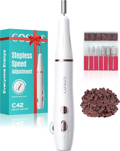 COSLUS C42 Cordless Electric Nail Drill File: Rechargeable Nail Drill Machine with Stepless Speed Knob, Professional Efile with Manicure Pedicure Set Acrylic Gel Nails-Home Care Beauty Salon-White