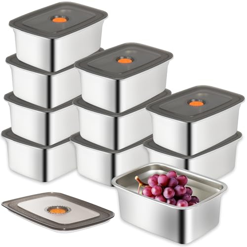 10 Pack Food Storage Containers with Leak-Proof Lids, 50 oz / 1500 ml Airtight Stainless Steel Bento Lunch Box Metal Meal Prep Container Stackable & Reusable for Fruit Snack Leftovers Freezer Safe