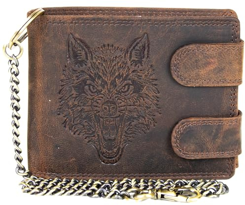 Biker Portefeuille pour homme en cuir véritable avec gravure loup et chaîne – Portefeuille avec protection RFID, 10 emplacements pour cartes, compartiment à monnaie et compartiment zippé