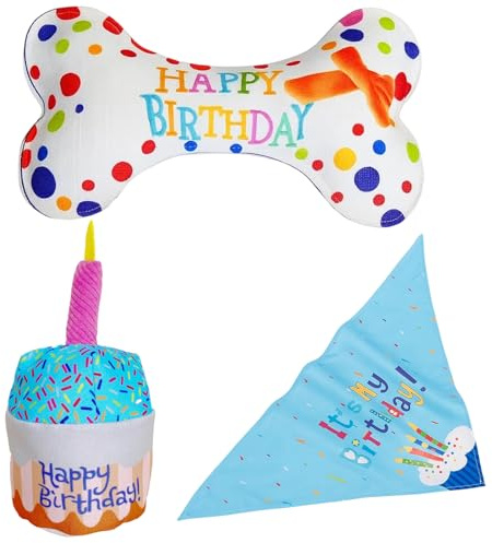 Hundegeburtstag Geschenkset, 3-teiliges Hundespielzeug Set mit Kuchen- und Knochenform, Plüschspielzeug für Hunde mit Halstuch, Spielzeug für Indoor- und Outdoor-Aktivitäten