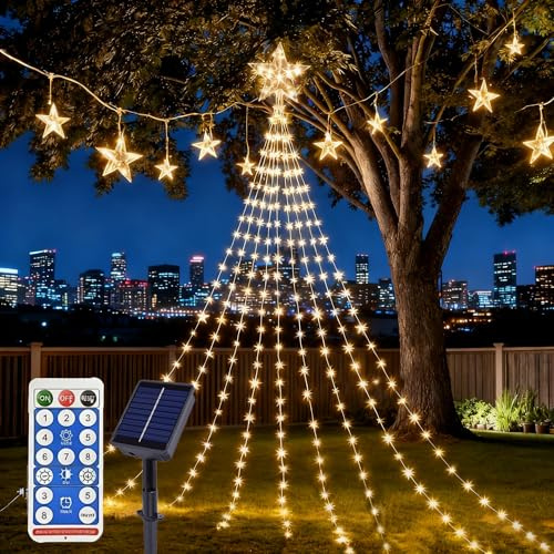 2M LED Wasserfall Lichterkette Stern,Weihnachtsbaum Lichter Wasserfall,Solar Lichterketten für Außen Wasserdicht,Dekorative Solar LichterkettenTaechalingo für Christbaum Garten Hof Dekoration