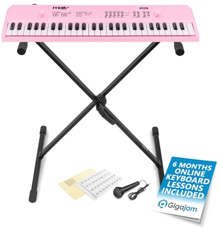 MAX KD54P Portable 54-Key Electronic Music Keyboard with Removable Note Stickers, Rechargeable Battery, Microphone, and Key Learning System – Pink – Perfect for Kids & Beginners, Includes USB-C Cable