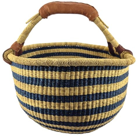 Cesto Rotondo Bolga Grande circa Ø 40 x 40 cm – Artigianale dal Ghana – Fair Trade – Cesto per la spesa con manico in pelle – Righe Blu e Naturali