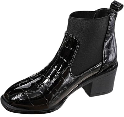 Botines Chelsea de tacón grueso para mujer, sin cordones, elásticos, de tacón bajo, de charol, botas impermeables, Black, 41 EU