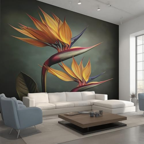 Wall Mural Bird of Paradise Wallpaper - Tropical Botanical Floral Photo Wallpaper for Living Room Bedroom, Non-Woven Dark Gray Yellow Wall Paper Home Decor Art 250x175 cm w6g25