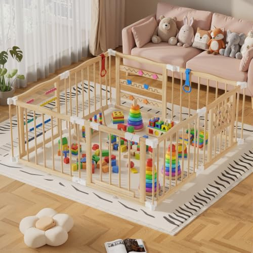 MSFE Baby Playpen Wooden,Parque Infantil Bebe Plegable con Puerta,Cierre de Seguridad y Paneles de Juego para Sala de Estar,Dormitorio y Guardería,8 Paneles,Tamaño Ajustable y Forma,Corralito Bebe