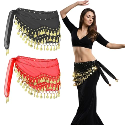MOLZINY 2 Stück Bauchtanz Hüfttuch 145 cm Damen Röcke Pailletten Rock Bauchtanz Gürtel Kostüm, Atmungsaktiv, Leicht Fließend für Yoga, Fitness