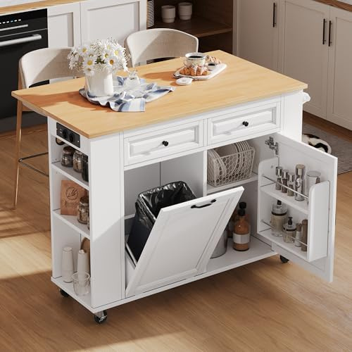 Îlot Central Cuisine avec Rangement et Prise/USB, Meuble Cuisine avec Plan de Travail Pliable, Desserte îlot de Cuisine sur roulettes, 2 Tiroirs, Compartiment Poubelle, Porte Serviettes (Blanc-3K)