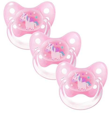 dentistar Silikon Schnuller 3er-Set - Größe 2, 6-14 Monate - Zahnfreundlicher Nuckel mit Dentalstufe – BPA-frei - Made in Germany - Einhorn, Rosa