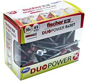 fischer Taco Dübel DuoPower 6 x 30 T (Box Dübeln + 30 Schrauben), 536390, grau+rot, 6x30 S