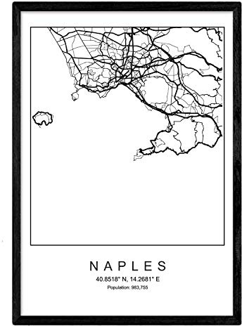 Nacnic Karte der Stadtkarte Neapel Nordic-Stil in Schwarzweiss. Poster A3 Größe mit schwarzem Rahmen gedruckt Papier 250 gr. Bilder, Bettwäsche und Poster für Salon und Schlafzimmer