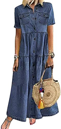 Yesgirl Robe Jean Été Femme De Plage Rétro Denim Robes Col V Casual Tuniques Ample Chemise Longue Chemisier en Jean Maxi Robe 01 E Bleu Foncé XL
