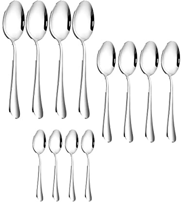 12 pz Cucchiai In Acciaio Inox Set 3 Diverse Dimensioni Cucchiai Da Minestra Cucchiai Da Dessert Cucchiaini Da Tè 4 Grandi 18 cm 4 Medi 17 cm 4 Piccoli 12 cm per Zuppa Dessert Cereali Caffè Tè