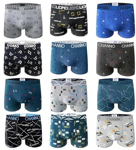 Channo Bomull Boxershorts för män, 12-Pack, UOMO serie, Mjuk och Bekväm, Mönstrad, 12-Pack, M