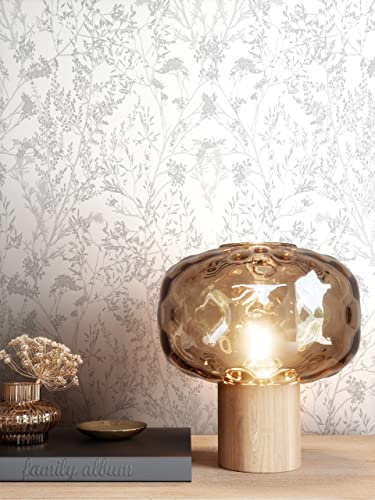 Newroom Design Tapete Grau Vliestapete Leicht Glänzend - Blumentapete Floral Weiß Blumen Blätter Romantisch inkl. Tapezier-Ratgeber, Rami Silber | Leichter Glanz, florales Zweigemuster mit Dolden, elegantes skandinavisches Design, Mustertapete für Flur, Büro, Esszimmer