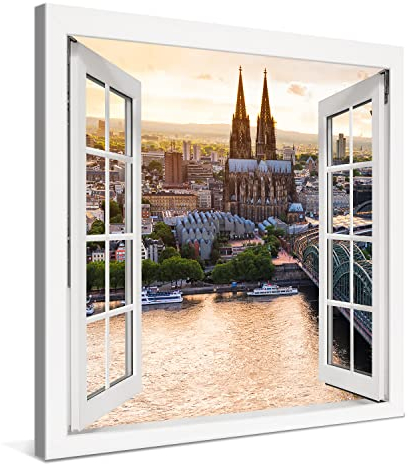 PICANOVA – Premium Leinwanddruck – Leinwandbild Köln Panorama Kölner Dom im Fenster 80x80cm – Kunstdruck Auf 2cm Holz-Keilrahmen Für Schlaf- Und Wohnzimmer – Kollektion Deutschland