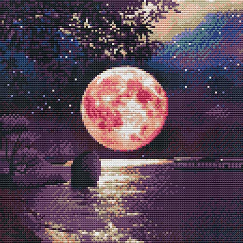 Amiiba Kreuzstich-Set, vorgedruckt, Baum, Mondsee, DIY, 11 Karat, gestempelt, 35,8 x 35,8 cm, Stickset mit Muster (Mond)