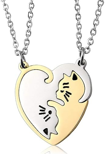 Oneroomone 2 pezzi Collana per Coppie con Ciondolo Gatto, Collana da coppia in Argento Dorato, Collana con Ciondolo Puzzle, Miglior Regalo per te e il Tuo Amante
