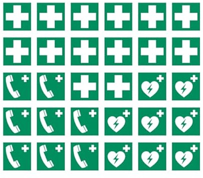 30 Aufkleber Mix: 14x Erste Hilfe 8x Notruftelefon 8x Defibrillator - ø 5 cm - UV- und witterungsbeständig - ISO 7010 - nachhaltig - Gebotszeichen Schild Ersthelfer Verbandskasten (5 cm, Mix)