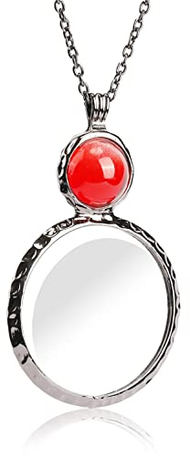 Magnifying Glass Necklace,Jiulory 10x Magnifying Glass Pendant, Long Chain Glass Lens Magnifier Necklace Elderly Care Accessory Kids Hiking Camping Necklace Magnifier (Red)
