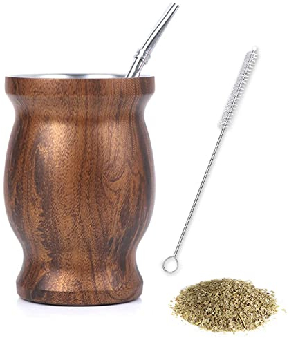 thirei Mate Tee Set, 230ML Mate Becher, Mit Strohhalm und Reinigungsbürste, Geeignet für Küche, Restaurant, Café, Holzmaserung