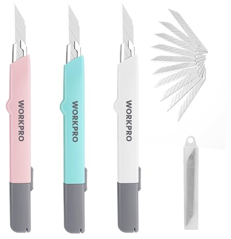 WORKPRO 3 Stück Cuttermesser Set 9mm, Cuttermesser profi mit 10 Abbrechklingen, Einziehbarer Universalmesser Teppichmesser, Perfektes Messer für Büro und Haushalt, Dreifarbiges Set