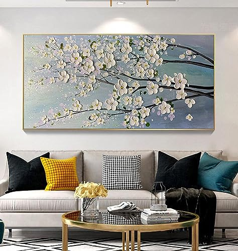 Impresión de lienzo Imágenes de arte de pared de gran tamaño Pintura de flores sobre lienzo Flor de cerezo blanco Pintura de arte de pared grande Decoración para el hogar 90x180cm (35x71in)