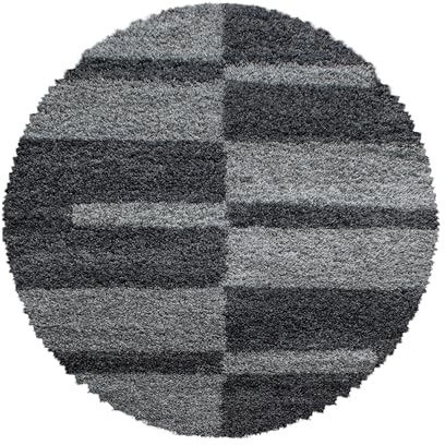 Carpettex Hochflor Teppich - Wohnzimmer Shaggy Flokati Modern Kariert Design 120 cm Rund Grau - Schlafzimmer Weich Flauschig Waschbar - Küche Esszimmer Langflor