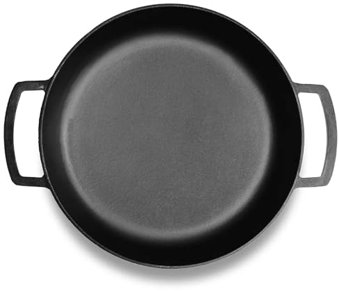 4BIG.fun Poêle en fonte Ø 34 cm – Poêle à frire avec deux poignées – Faitout en fonte – Poêle de service, cocotte, sauteuse adaptée pour barbecue à gaz, four, foyer, tous feux dont induction