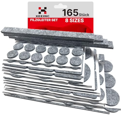 XEEINC Filzgleiter Selbstklebend 165 Stück - Filzgleiter für Stühle mit 8 Größen - 3mm Dicke Möbelgleiter Filz selbstklebend für Stühle Bodenschutz - mit Idealer Klebkraft - Grau