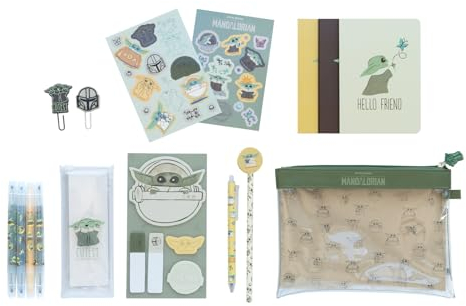 Grupo Erik Schreibwaren Star Wars the Mandalorian Child Grogu - Kugelschreiber 10 Farben - Federmäppchen Groß - Büroklammern - 4 Textmarker - Notizzettel Klebend Star Wars Fanartikel