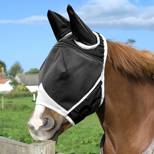 APOMOONS Fliegenmaske Pferd UV Schutz, Super Comfort Stretchy Pferdefliegenmaske mit Ohrenschutz, Fliegenhaube Pferde Fliegenmaske Horse Fly Mask, Fliegenmaske Shetty Large Eye Space (L, Schwarz Weiß)
