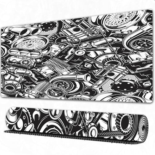 EOMKSE Grand Tapis de Souris de Jeu,Turbo Pattern Automotive Auto Parts Technologie Monochrome Qui alimente la mécan,avec Bords surpiqués et Dos antidérapant,sous-Main pour Clavier et Souris,30x80 cm