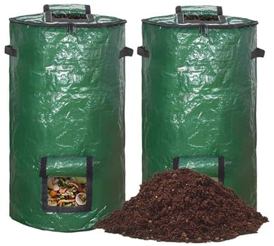 Lot de 2 sacs à déchets de jardin solides avec couvercle pour compost, petit composteur rapide avec poignées de transport stables et ouvertures d'aération, composteur pour balcon 116 litres