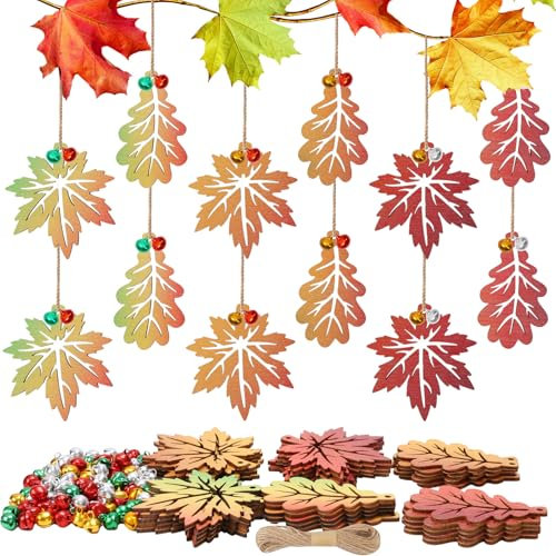 DKINY 30 Stück Ahornblatt Anhänger Holz, Herbstblätter Deko mit Glocke und Handseil, Herbst Blatt Holzanhänger, Ahornblätter Holzhänger, Herbst Hängende Deko für Fenster Tür Herbstzeit Thanksgiving