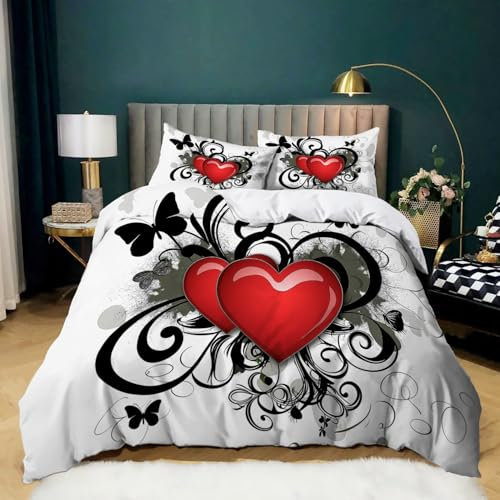 Set Copripiumini E Federe Farfalla Moderna A Forma Di Cuore 260 cm x 220 cm Colorato, Set Di Biancheria Da Letto Con Stampa Easy Care 3 Pezzi Con Cerniera Morbida Microfibra Per Tutte Le Stagioni