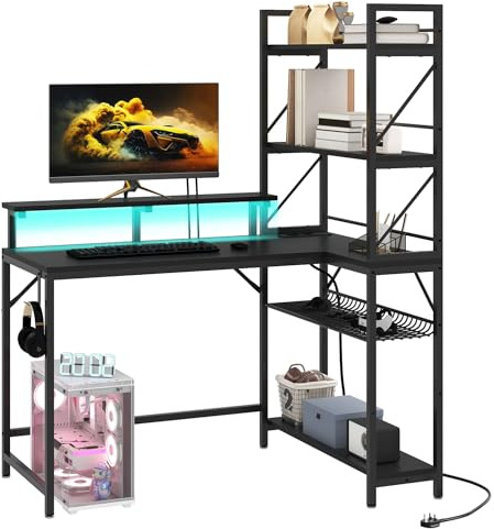YITAHOME L Shaped Gaming Desk with Shelves Power LED 106cm Black