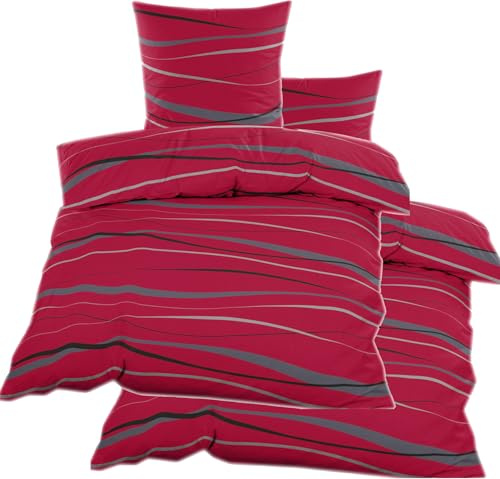 KH-Haushaltshandel 4-TLG. Biber Winter Bettwäsche 2X(135x200 + 80x80cm), rot, Wellen, Baumwoll Mischgewebe (40144)