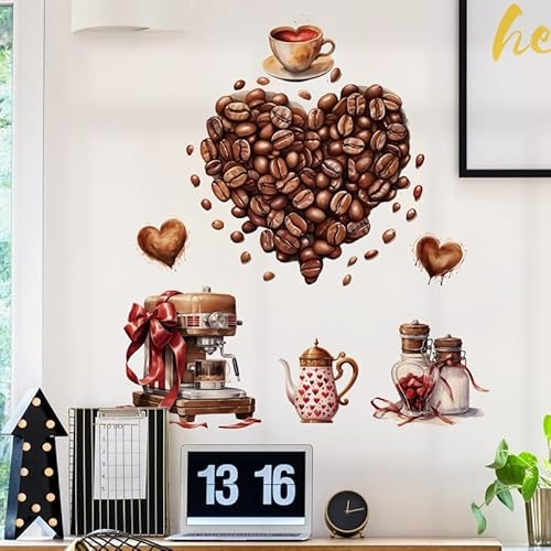COVPAW Wandtattoo Kaffee Kerz Wandaufkleber Küche Cafe Kaffeebohnen Wohnzimmer Büro Wandbild Kaffee Laden Wanddekoration (Kaffee Herz)