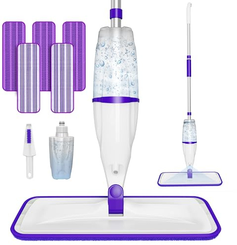 Balai pulvérisateur pour nettoyage des sols : serpillères de sol EXEGO avec 5 tampons lavables en microfibre – Balai plat avec flacon rechargeable – Balai plat pour nettoyage de sols en bois dur