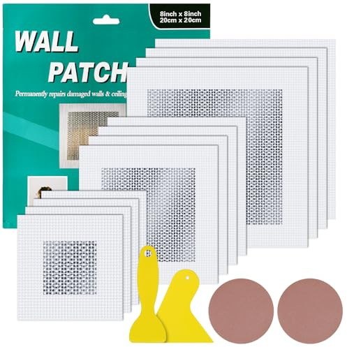 SCROLIEY 12PCS Wall Repair Patch Kit, 2/4/6 Inch for Quick Fix Broken Walls | Self-Adhesive Drywall Patches, Plasterboard Repair Kit, Walls Hole Filler Patches, with 2 Sandpaper 2 Scraper