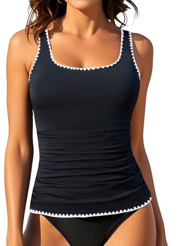 Aqua Eve Tankini Tops for Women Swimwear Top Only Tummy Control Bathing Suit Top No Bottom (Available in Plus) Black 02 L