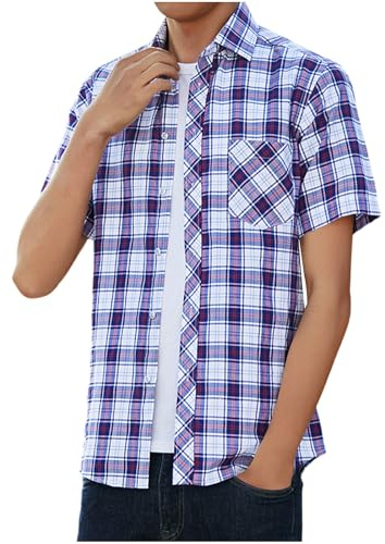 UHouse Chemise Homme Manches Courtes Vetement à Carreaux D'Été Chemises Leger Décontracté Chemisette Respirant Habit Col Mao Court Fin Cut Button Down Shirt