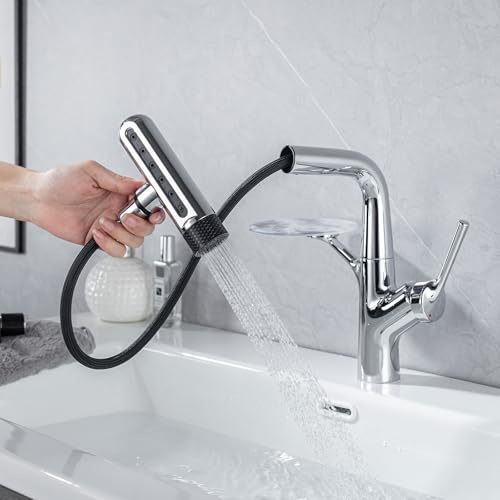 Robinet de lavabo LakeBayMZC avec douchette extractible, mitigeur monocommande pour lavabo à poser, avec 6 types de jet d'eau, chromé