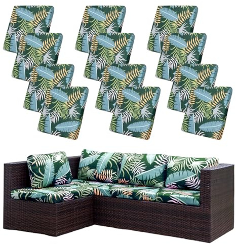 Hiseng Funda de Cojín Sofá Exterior Suave Elástica 3D Estampado de Hojas de Palma Repuesto Funda de Cojin de Asiento Patio Jardín Separados Lavable con Banda Elástica (Verde,12 Piezas)